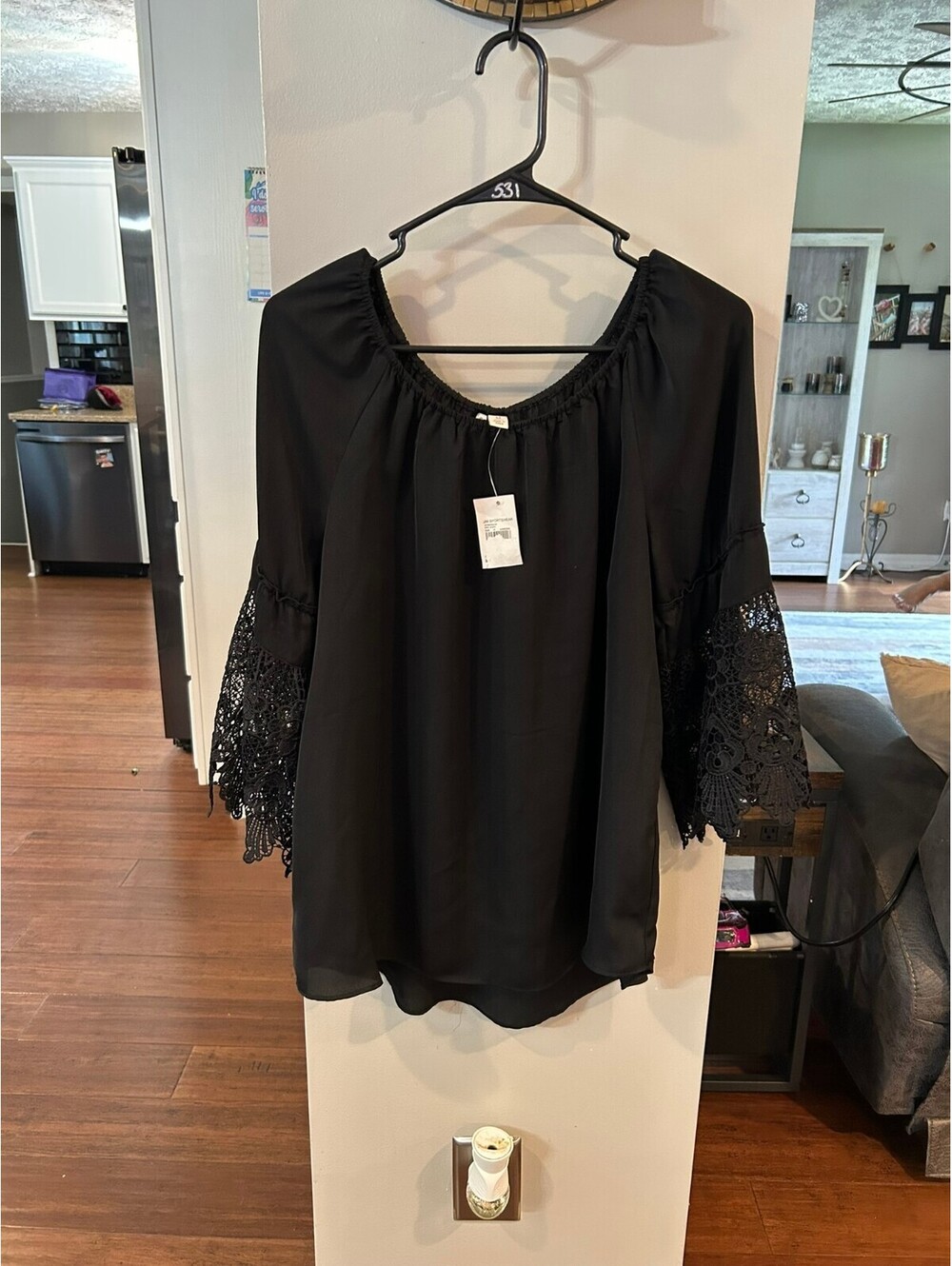 EST. 1946 Black Blouse with Lace Bell Sleeves Size M